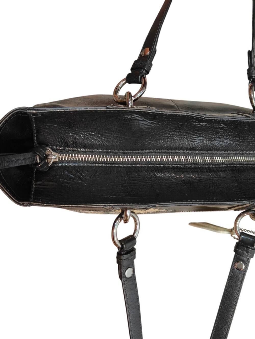 Coach Black Leather Shoulder Tote with Cream and Gray Circle Inlay - Picture 9 of 16